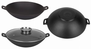 WOK ŻELIWNY 37CM ZE SZKLANĄ POKRYWKĄ KL1804